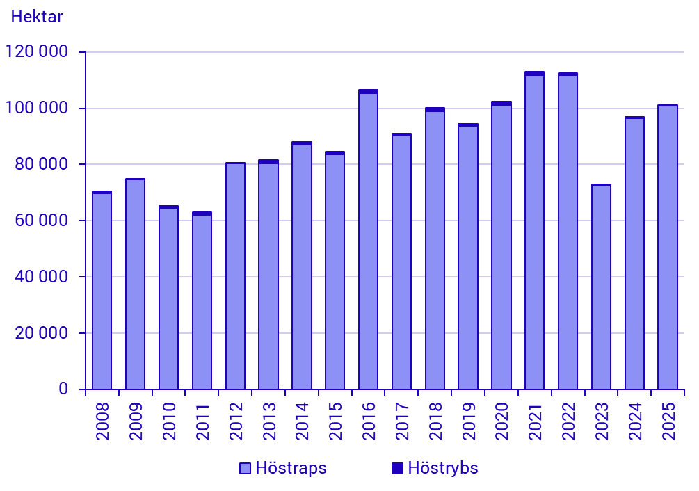 Diagram: Höstsådda arealer av oljeväxter 2008–2025
