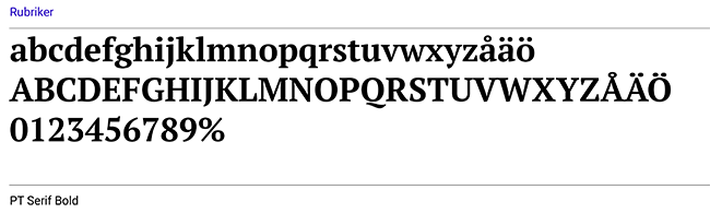 Bild som visar SCB:s typsnitt PT Serif bold för rubriker digitalt.