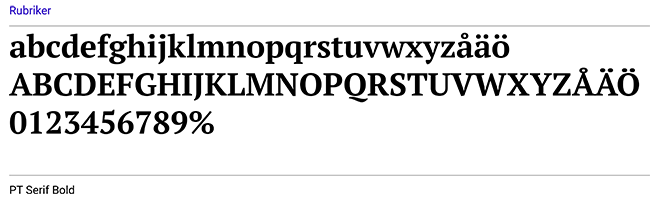 En bild av SCB:s rubriktypsnitt PT Serif bold.