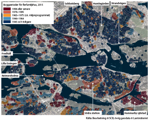 Karta: Byggperioder för flerfamiljshus i Stockholm, 2015.