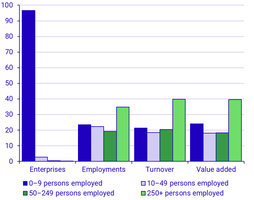 Share of enterprises, employment, turnover and value added in the total non-financial business economy, by size-class (based on employment) 2020