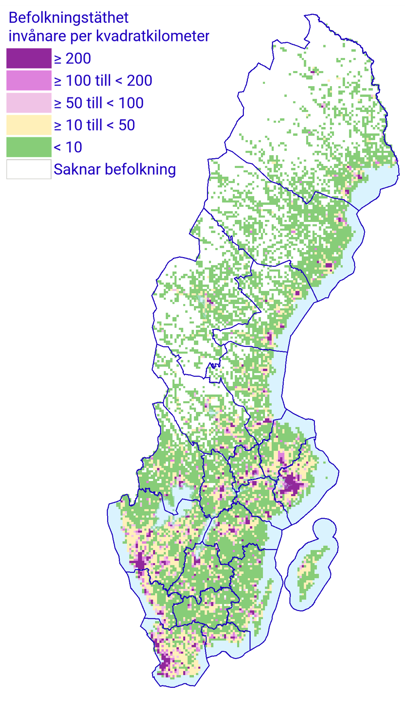 Befolkningstäthet i rutor om fem kvadratkilometer