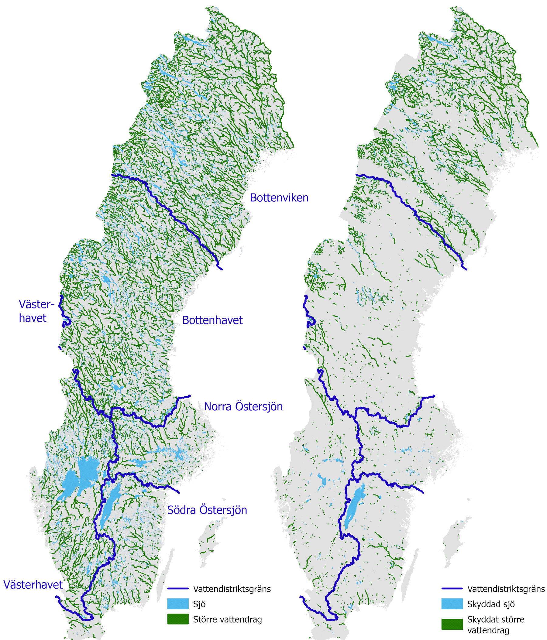 Karta: Sveriges sjöar och större vattendrag, samtliga och formellt skyddad 2023-12-31 