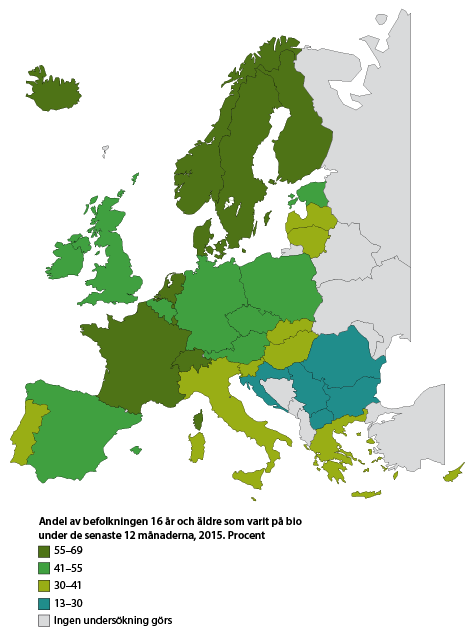 Karta: Andel av befolkningen i EU 16 år och äldre som varit på bio de senaste 12 månaderna, 2015. Procent.