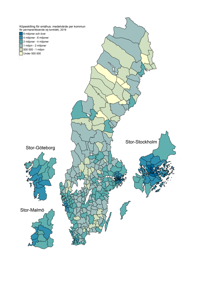 kommuner sverige karta Medelpriser på småhus för permanentboende 2019 per kommun